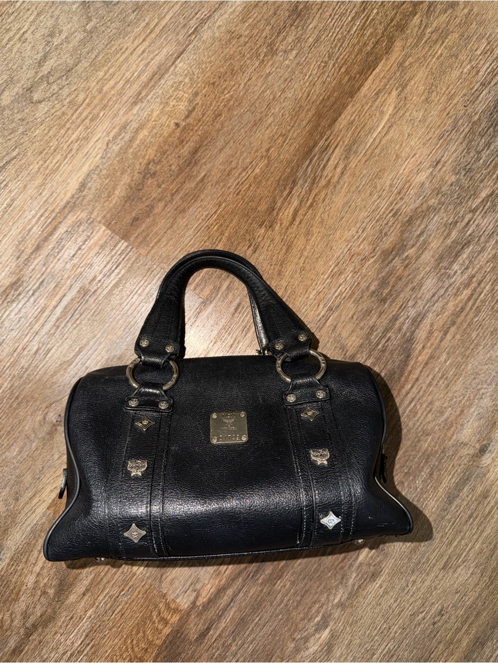 MCM Black Leather Top-Handle Satchel with Gold Hardware